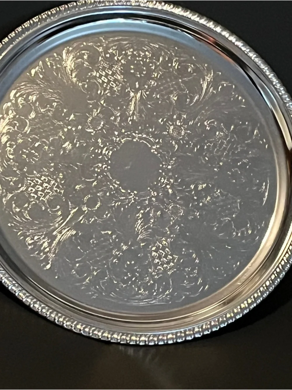 VTG Irvinware Chrome Plated 12.5 Inch Round Serving Tray Etched Design Made USA